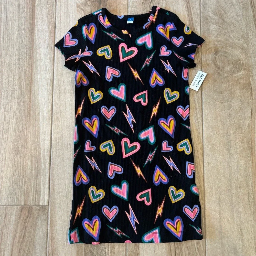 Old Navy Girls T-Shirt Dress Size L 10-12 Black Rainbow Hearts Lightning